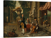 “Musicians on a Classical Terrace” is a stunning piece of art that captures the essence of musical artistry through its dynamic composition and harmonious color palette. The artwork depicts several individuals playing musical instruments on an opulent terrace, adorned with classical architecture including columns and statues. The musicians are dressed in classical attire and play instruments including violins and flutes.