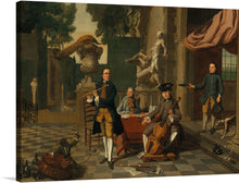  “Musicians on a Classical Terrace” is a stunning piece of art that captures the essence of musical artistry through its dynamic composition and harmonious color palette. The artwork depicts several individuals playing musical instruments on an opulent terrace, adorned with classical architecture including columns and statues. The musicians are dressed in classical attire and play instruments including violins and flutes.