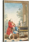 “Portrait de Wolfgang Amadeus Mozart” by Carmontelle is a masterpiece that captures a timeless moment in history. The artwork depicts three individuals, one standing and two seated, engrossed in a private musical performance.