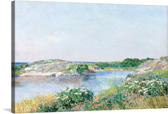 This print, titled “The Little Pond, Appledore”, is a reproduction of an original artwork by Childe Hassam. It beautifully captures a tranquil natural landscape on a bright day. The calm river flows gently through the center, reflecting the clear blue sky above. Lush green bushes adorned with vibrant flowers are scattered along the riverbanks, adding color and vitality to the scene. Greyish rocks emerge amidst the greenery, offering a textural contrast within this serene setting.