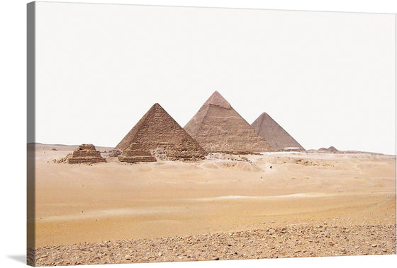 “Pyramids” is a captivating print that brings the awe-inspiring majesty of Giza’s architectural marvels to your space. The image captures four pyramids in varying sizes set against a vast desert landscape. Each pyramid, meticulously crafted and standing as a testament to human ingenuity, is captured in exquisite detail against the endless expanse of a golden desert. 