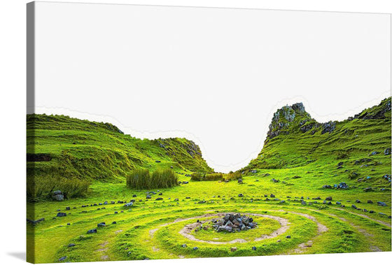 This stunning photograph captures the magic and beauty of the Fairy Glen on the Isle of Skye in Scotland. The Fairy Glen is a unique geological formation consisting of a series of conical hills, or "fairy knolls, surrounded by lush green meadows.