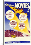 This vibrant, vintage artwork print takes you back to the golden age of cinema and the spirit of wartime unity. “See these MOVIES!” it exclaims, showcasing a selection of films presented by the National War Finance Committee. The print is dominated by bold, contrasting colors; the deep blue sky serves as a backdrop for golden beams of light that illuminate titles like “Put Victory First” and “Target Berlin.”