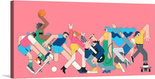  This vibrant artwork, titled “Youthful Exuberance,” is a celebration of the joy of movement and the diversity of our shared passions. The print features dynamic figures, each engaged in different sports and activities, set against a striking pink backdrop. The characters leap, skate, and dance with an infectious zest for life, showcasing the spirit of playfulness and camaraderie. This piece is not just a visual spectacle but an ode to the energy of youth and the unity in our shared passions.