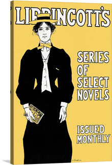  Immerse yourself in the world of classic literature with this striking print of the iconic Lippincott’s Monthly Magazine cover. The artwork features an elegant figure, dressed in a sophisticated black suit and bowtie, holding a cherished novel against a bold yellow backdrop.