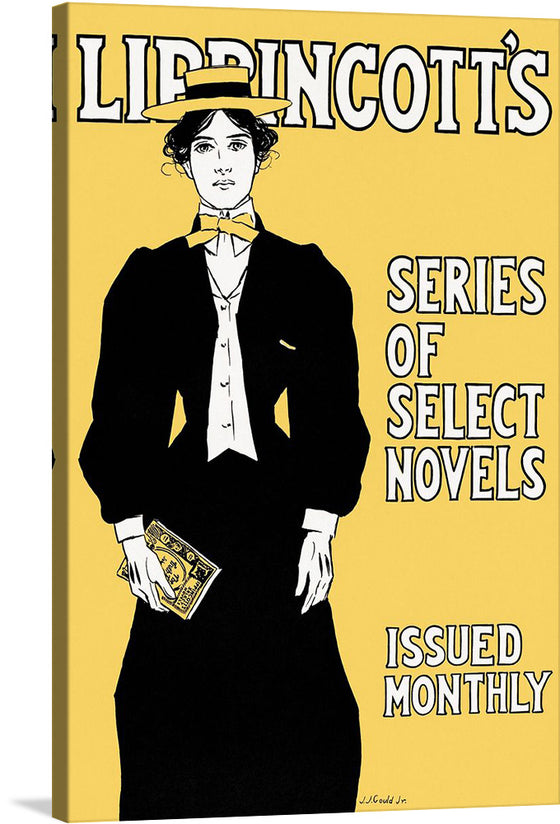 Immerse yourself in the world of classic literature with this striking print of the iconic Lippincott’s Monthly Magazine cover. The artwork features an elegant figure, dressed in a sophisticated black suit and bowtie, holding a cherished novel against a bold yellow backdrop.