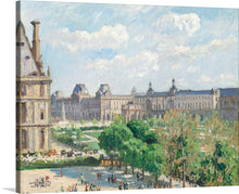   “Place du Carrousel, Paris” by Camille Pissarro. This exquisite print captures the bustling energy and romantic essence of Parisian life. Every brushstroke reveals the majestic architecture, lush greenery, and lively pedestrians that define this iconic cityscape. The artwork’s vibrant palette and intricate details invite viewers into a world where the elegance of historical Paris meets the vivacity of the present.
