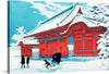 “The Red Gate of Hongo in Snow” by Hiroaki Takahashi is a captivating woodblock print that transports viewers to a serene winter scene in Japan. The artist masterfully captures the quiet beauty of a snow-covered landscape, where a vibrant red gate stands as a striking contrast against the pristine white surroundings. The gate, known as Akamon, belongs to Tokyo University and is designated as a National Treasure by the Japanese Government.