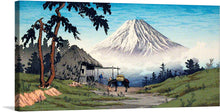  “Otome Pass, Hakone” is a captivating artwork that captures the essence of Japan’s iconic Mount Fuji, enveloped in a delicate mist, standing majestically as the backdrop to a tranquil rural setting. The intricate details of the lush greenery, the rustic charm of a countryside dwelling, and locals immersed in daily tasks are depicted with stunning clarity