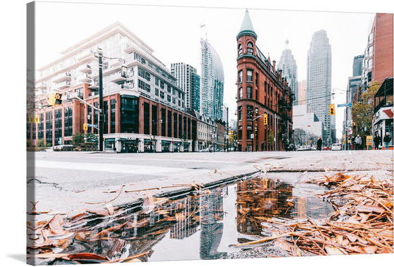 The artwork masterfully juxtaposes the architectural grandeur of historic and modern buildings, with their reflections painting a serene portrait on a rain-kissed street. Autumn leaves, scattered and golden, add an ephemeral touch of nature’s artistry. 