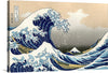 Hokusai's "The Great Wave at Kanagawa" (1760-1849) vintage Japanese Ukiyo-e woodcut print was created by Hokusai in late 1831 during the Edo period of Japanese history. The print depicts three boats moving through a storm-tossed sea, with a large, cresting wave forming a spiral in the centre and Mount Fuji visible in the background.