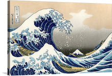  Hokusai's "The Great Wave at Kanagawa" (1760-1849) vintage Japanese Ukiyo-e woodcut print was created by Hokusai in late 1831 during the Edo period of Japanese history. The print depicts three boats moving through a storm-tossed sea, with a large, cresting wave forming a spiral in the centre and Mount Fuji visible in the background.