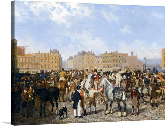 “Old Smithfield Market” is a captivating print that transports you to a bustling scene from a bygone era. The artwork captures the lively energy of a market day, with people and horses mingling amidst the architectural grace of the surrounding buildings. Every detail, from the animated crowd to the elegant horses, is rendered with exquisite precision, bringing the scene to life.