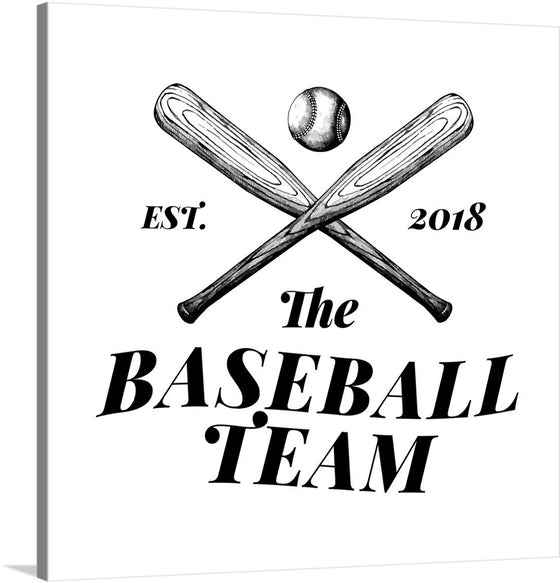 Capture the spirit of America’s favorite pastime with this exquisite print, “The Baseball Team Logo.” Established in 2018, this artwork combines vintage aesthetics with modern design elements. Two meticulously detailed baseball bats cross each other, framing a perfectly stitched baseball at the center. The bold typography beneath adds a contemporary touch to the classic imagery above. 