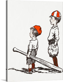  This charming artwork captures the innocence and wonder of childhood, as two young individuals, adorned in classic baseball attire, stand ready for a game. The smaller figure clutches a bat almost too big to handle, embodying the spirit of aspiration and determination.