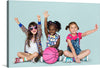 Capture the essence of childhood joy and friendship with this vibrant artwork. The print features three young friends in a moment of pure elation, their identities artistically obscured. Adorned in colorful attire, they raise their hands high, embodying the spirit of unity and playfulness. A pink basketball rests at their feet, symbolizing their shared moments of fun and games. 