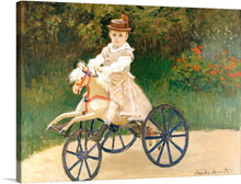  In Claude Monet's captivating painting "Jean Monet on His Hobby Horse" (1872), the artist captures a moment of pure joy and childhood exuberance as his young son Jean rides a hobby horse amidst a lush garden setting.