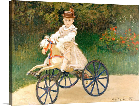 In Claude Monet's captivating painting "Jean Monet on His Hobby Horse" (1872), the artist captures a moment of pure joy and childhood exuberance as his young son Jean rides a hobby horse amidst a lush garden setting.