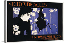  Immerse yourself in the elegant and timeless allure of “Victor Bicycles Overman Wheel Co. (1896)” by Will Bradley, a masterpiece that encapsulates the golden age of cycling. This exquisite print, rich in detail and history, features a graceful silhouette of a woman riding a Victor Bicycle against an enchanting backdrop adorned with delicate flowers.