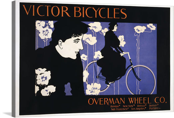 Immerse yourself in the elegant and timeless allure of “Victor Bicycles Overman Wheel Co. (1896)” by Will Bradley, a masterpiece that encapsulates the golden age of cycling. This exquisite print, rich in detail and history, features a graceful silhouette of a woman riding a Victor Bicycle against an enchanting backdrop adorned with delicate flowers.