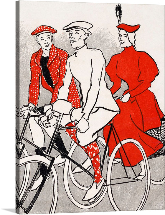 Immerse yourself in the timeless elegance of “Women Riding Bicycles on a Road, Remixed from Artworks” by Edward Penfield. This exquisite print captures the graceful movement and freedom of three cyclists, adorned in vibrant red attire that pops against a minimalist backdrop. The artwork, infused with a blend of classic and contemporary elements, encapsulates an era where simplicity met style.