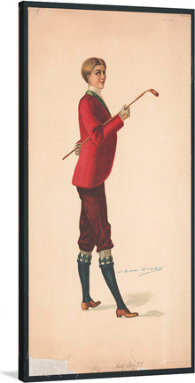  Introducing our exclusive print, “Golf Boy #8,” a captivating piece of art that exudes sophistication and grace. The artwork features a distinguished individual, adorned in a rich red suit, holding a golf club. 