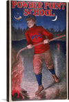 “Powder Point School” is a captivating artwork that transports you to an era of youthful exuberance and spirited competition. The artwork depicts a hockey player in red attire marked with “PPS”, holding a hockey stick.