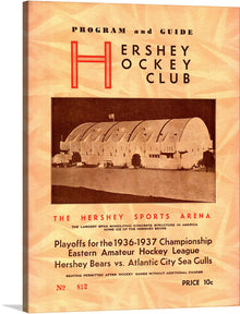  This print is a reproduction of the cover of the Hershey Hockey Club Program and Guide from the 1936-37 hockey season. It features a black and white photograph of the Hershey Sports Arena, which was the largest amateur hockey arena in America at the time.