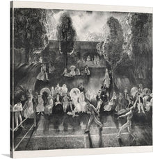  “Tennis (1921)” invites you to immerse yourself in the elegant and dynamic world of a bygone era. This captivating monochromatic artwork captures the grace and energy of tennis matches unfolding amidst an absorbed audience. Multiple courts come alive with players in action, their strokes meticulously crafted. Tall trees enclose the setting, adding a sense of intimacy. 