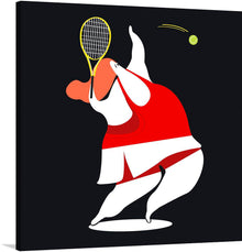  Immerse yourself in the world of playful athleticism with this captivating print. The image features a dynamic cartoon character, fully engrossed in a thrilling game of tennis. Against a striking black background, the character's vibrant energy radiates as they skillfully serve the ball.