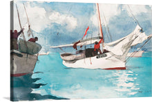  “Fishing Boats, Key West” is a beautiful watercolor painting by Winslow Homer, an American artist. The painting features two fishing boats in the harbor, moored to a dock with ropes.