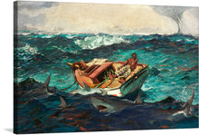  Dive into the dramatic world of “The Gulf Stream” by Winslow Homer. This print captures a lone fisherman navigating treacherous waters, surrounded by menacing sharks and an impending storm. The vivid colors and intense emotion encapsulated in this artwork promise to be a focal point of any space.