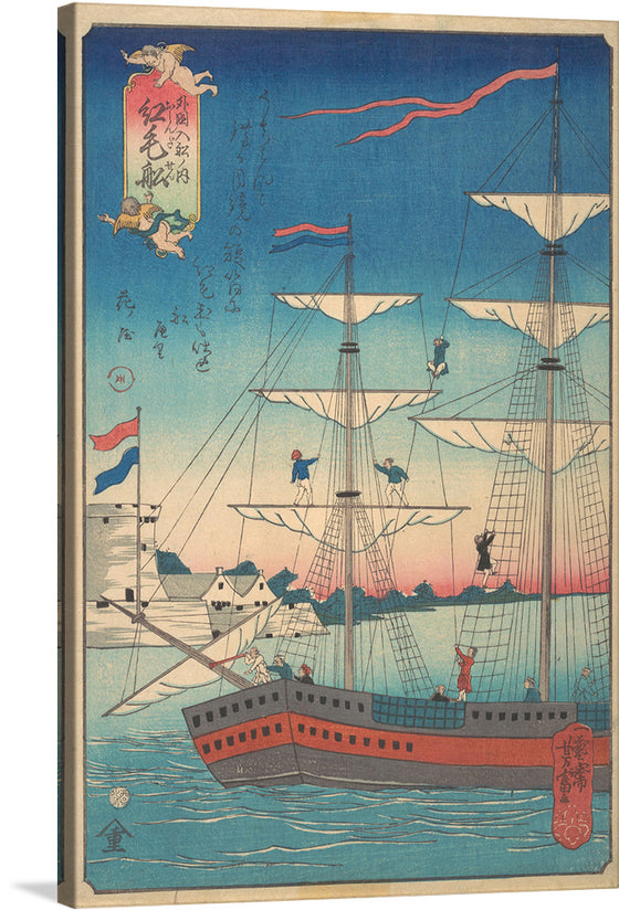 Embark on a journey through time with this exquisite print of a vintage artwork. The piece captures the majesty of a grand ship, its sails billowing against the backdrop of a serene and starry night. Every detail, from the intricate rigging to the distant shoreline, is rendered with artistic finesse. 