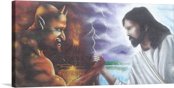 “Jesus X Diabo: Graffiti in Porto Alegre” is a captivating artwork that depicts the eternal struggle between good and evil. The piece features two figures engaged in an arm wrestling match, one resembling Jesus Christ and the other a demonic figure. 