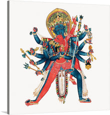  This incredible print of Chakrasamvara, the Hindu god of tantric yoga, is a powerful and transformative image. Chakrasamvara is depicted in his blissful form, embracing his consort Vajravarahi.