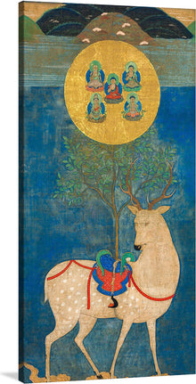  “Kasuga Deer Mandala” is a stunning and mystical artwork that captures the essence of spirituality and nature. The artwork is a reproduction of a Japanese painting from the mid-1300s to 1400s, created by William Henry Fox Talbot. The artwork features a large deer at the center against a deep blue background, adorned with ornate harnesses and decorations.