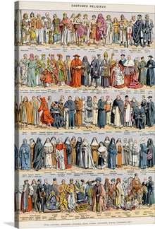  “Costumes religieux, RELIGIOUS CLOTHING” is a beautiful and informative print that showcases the diverse range of religious clothing from different cultures and time periods. The print is divided into 6 rows, each row showcasing different clothing styles