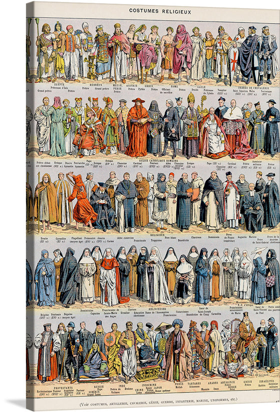 “Costumes religieux, RELIGIOUS CLOTHING” is a beautiful and informative print that showcases the diverse range of religious clothing from different cultures and time periods. The print is divided into 6 rows, each row showcasing different clothing styles