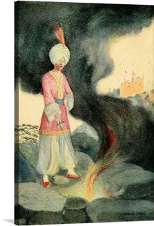  This print captures a mystical scene where a figure, adorned in vibrant traditional attire with a feathered turban, stands amidst an enigmatic atmosphere. The dark, swirling clouds enveloping the scene are pierced by the radiant attire of the figure and the gleaming edge of their sword. In the distance, an ethereal cityscape emerges from the misty aura, adding an element of mystery and allure.