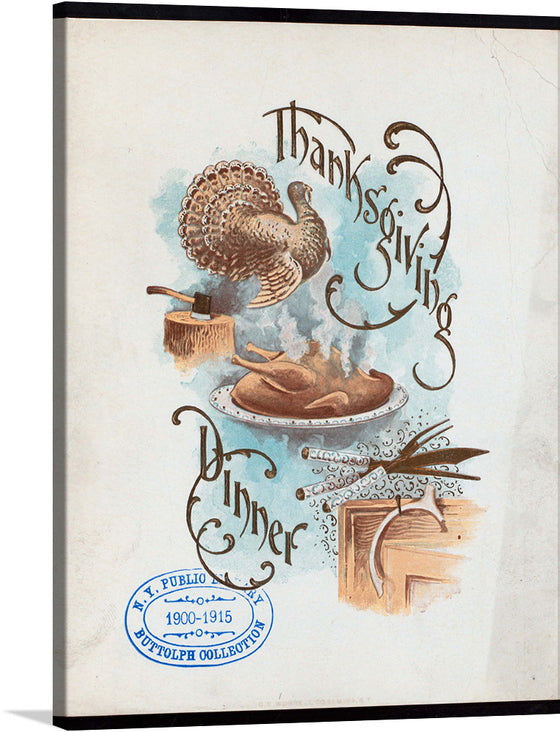 This artwork is a captivating print that beautifully encapsulates the essence of Thanksgiving. The detailed illustrations of a turkey and a traditional oven, set against the backdrop of elegant calligraphy spelling out “Thanksgiving Dinner”, evoke a sense of nostalgia and warmth. 