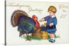 Step back in time with this charming vintage Thanksgiving greeting card print. The artwork captures the essence of the holiday with a richly colored turkey and a child in classic attire extending a friendly gesture. Imbued with nostalgia, the image features warm autumnal hues and traditional symbols of abundance, such as a basket brimming with fruit.