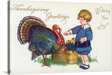  Step back in time with this charming vintage Thanksgiving greeting card print. The artwork captures the essence of the holiday with a richly colored turkey and a child in classic attire extending a friendly gesture. Imbued with nostalgia, the image features warm autumnal hues and traditional symbols of abundance, such as a basket brimming with fruit.
