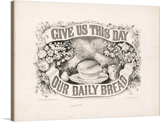 “Give Us This Day Our Daily Bread” by Currier & Ives is a captivating black and white print that brings a sense of gratitude and simplicity into your space. The artwork features a loaf of bread, a sheaf of wheat, and an array of fruits and flowers, all encased within an ornate border.