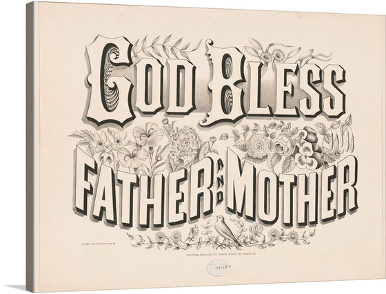  This black and white design, signed “Copyright 1876 by Currier & Ives, N.Y.”, features an intricate array of flowers and plants, a bird, and a butterfly, all surrounding the heartfelt words “God Bless Father and Mother”. The words are prominently displayed in the center, serving as the focal point of the artwork.