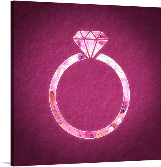 “Pink Sequin Diamond Ring”. This artwork is a stunning portrayal of luxury and elegance. The ring’s band is illustrated with pink sequins that vary in shade and size to create depth and texture. A geometrically stylized diamond sits atop the band, rendered in white lines filled with different shades of pink. 