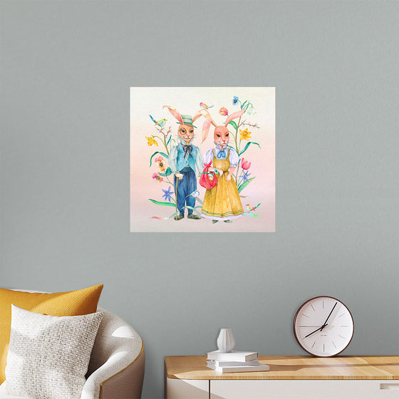 "Lovely Easter bunny couple with flowers"