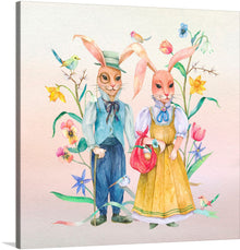 “Lovely Easter Bunny Couple with Flowers” is a captivating piece of art that seamlessly blends the raw emotion of love with the beauty of nature. The artwork features an anthropomorphic bunny couple surrounded by various flowers and small birds. The male bunny’s face is obscured for privacy reasons; he wears classic attire including a blue jacket and holds a walking stick.