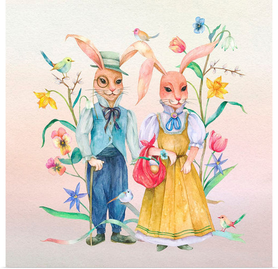 "Lovely Easter bunny couple with flowers"