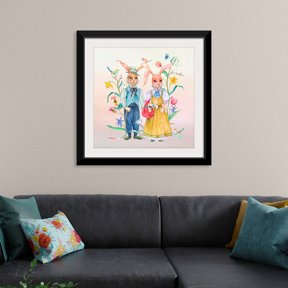 "Lovely Easter bunny couple with flowers"