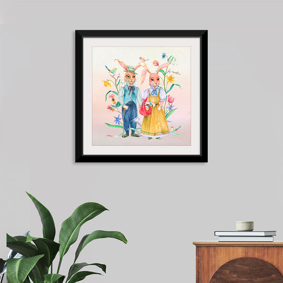 "Lovely Easter bunny couple with flowers"